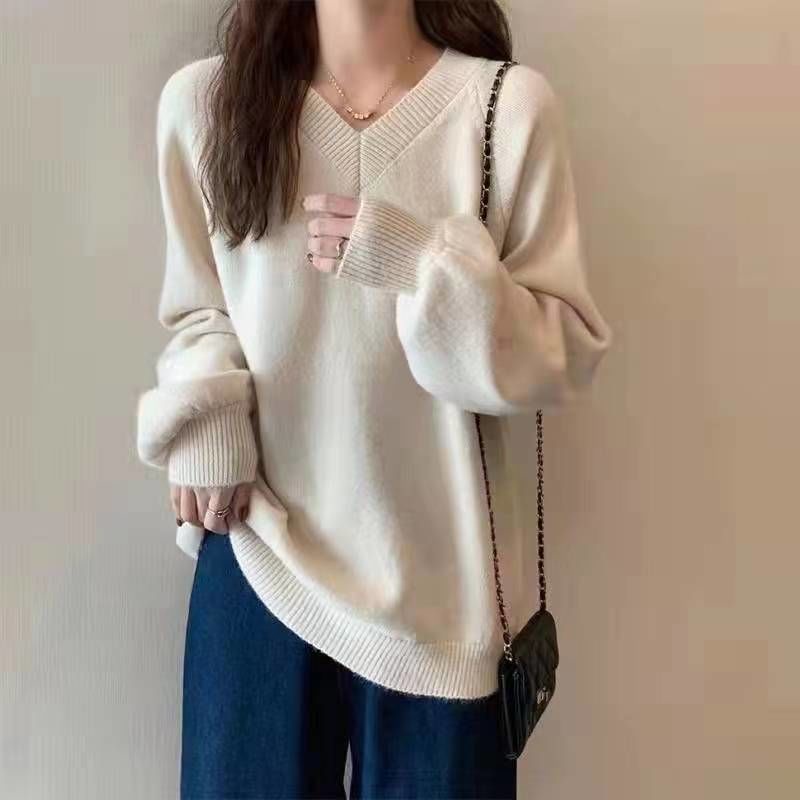 Áo Sweater Dài Tay Phong Cách Lười 197802 Áo Len Form Rộng Cổ Chữ v Theo Phong Cách Hàn Quốc