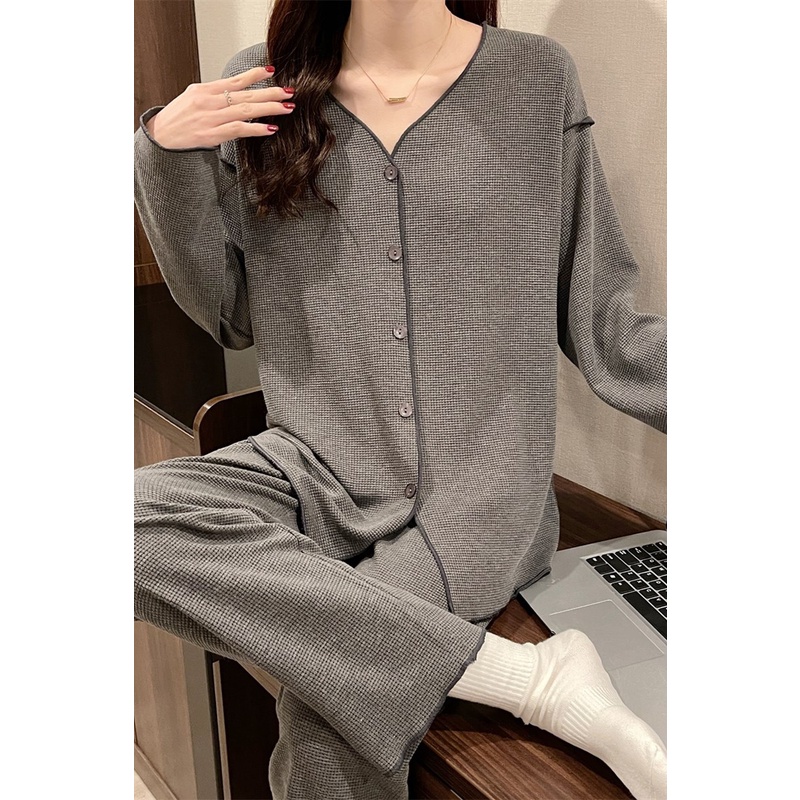 Bộ Đồ Ngủ Xuân Thu Hai Mảnh Bằng cotton Tay Dài Kẻ Ô Đơn Giản Thoải Mái Mới