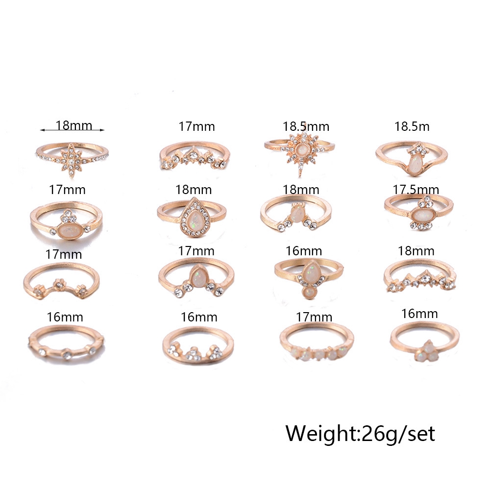 Set 16 nhẫn đính đá opal phong cách Bohemian cổ điển dành cho nữ