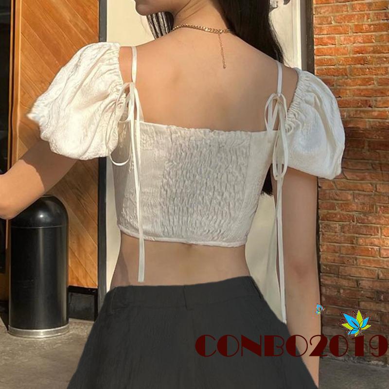 Áo Croptop Tay Phồng Ngắn Cổ Buộc Dây Thời Trang Cho Nữ