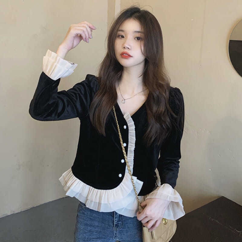 Áo Nhung Dài Tay Phong Cách Retro Pháp Cho Nữ