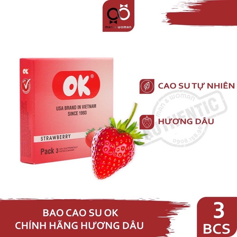 Bao Cao Su OK Hương Dâu Tây - Bạc Hà - Nho -  Không Mùi (Hộp 3 BCS)