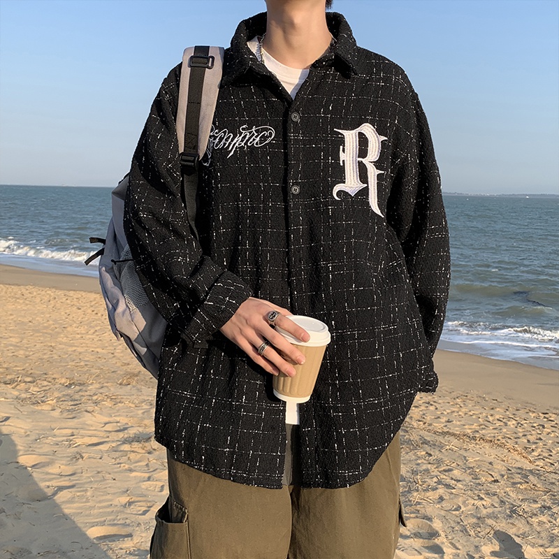 Áo Khoác Sơ Mi Tay Dài Dáng Rộng Kẻ Sọc Ca Rô Cài Nút Thời Trang Hàn Quốc Cho Nam