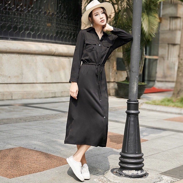 Đầm Xòe Đen Cổ Sơ Mi Tay Dài Rút Eo MS641