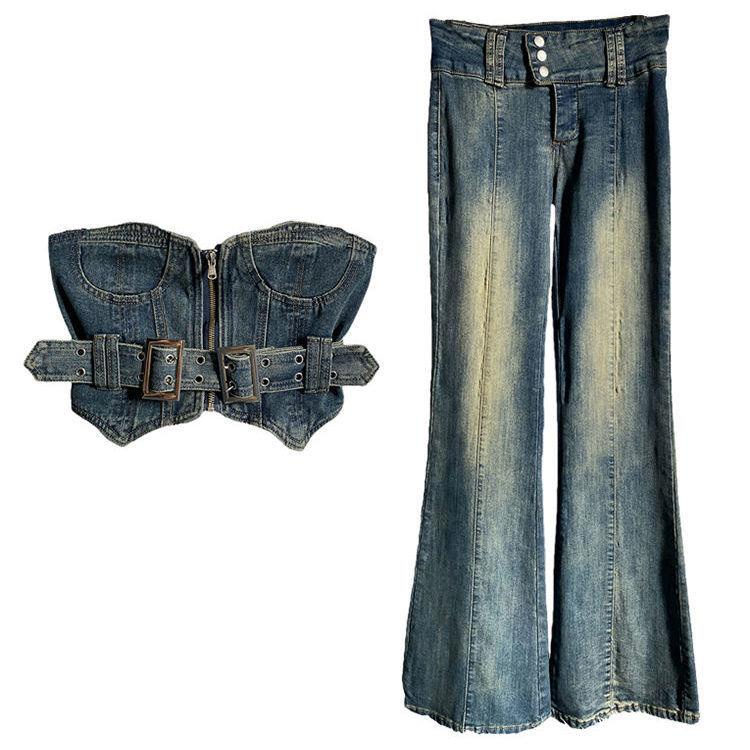 Set Đồ Hai Mảnh Gồm Áo Ống Loe Denim Và Quần Ống Loe Phong Cách Babyking Love Heroine Cho Bé Gái