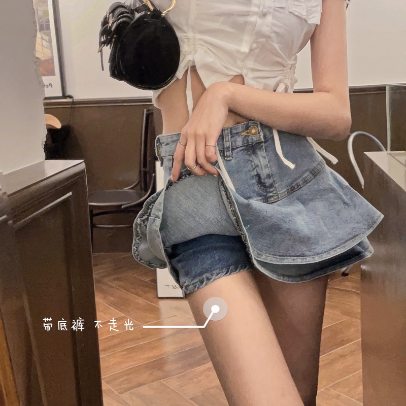 Chân váy jean DUNEA lưng cao phối bèo phong cách quyến rũ cho nữ