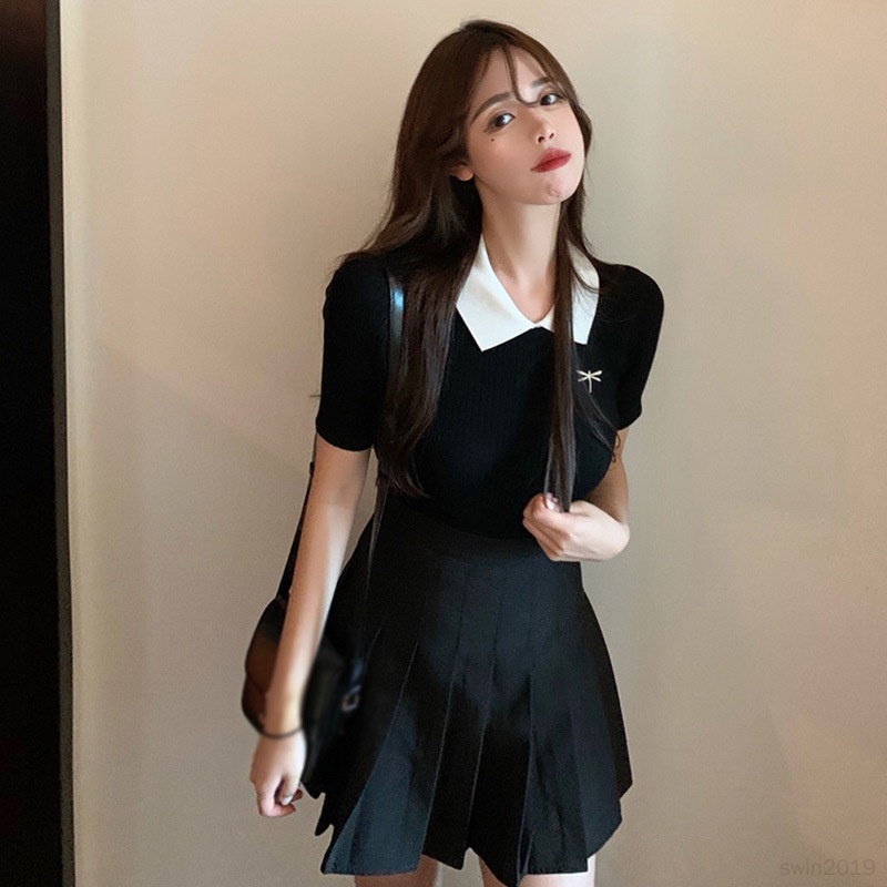 Áo Croptop Dệt Kim Dáng Ôm Thêu Họa Tiết Xinh Xắn Thời Trang Hàn Quốc Cho Nữ