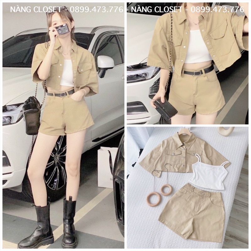 SET 3 món Áo Khoác croptop kèm Quần short kaki màu nude và bra 2 dây trắng NÀNG CLOSET