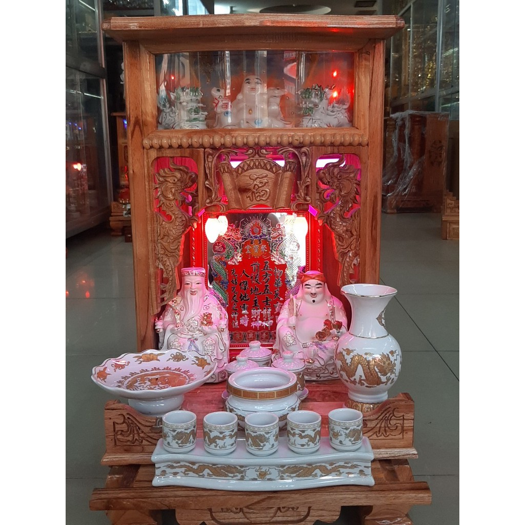 COMBO Bàn thờ Thần Tài Ông Địa giá rẻ đẹp gỗ Xoan ngang 40 cao 68 , Bộ Combo 9 món - Đồ Thờ Thắng Duyên Đại Phát