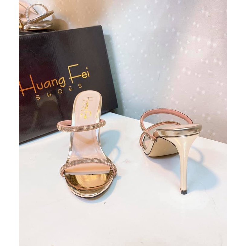 Guốc cao gót 2 dây ngang đính cườm gót cao 9 cm