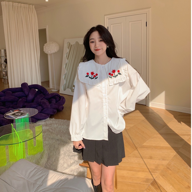 Áo sơ mi SUXI trắng tay dài dáng rộng thêu họa tiết phong cách Hàn Quốc thời trang mùa xuân cho nữ