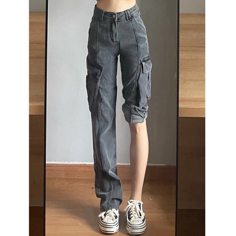 Quần jean ống rộng lưng cao phối túi lớn phong cách cổ điển