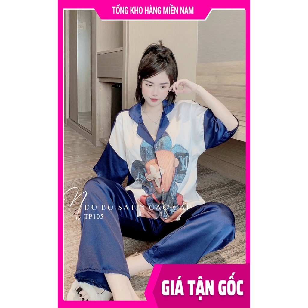 Đồ bộ satin cao cấp chất vải siêu mềm mát cho nữ mặc nhà in họa tiết hoa gấu hoạt hình dễ thương TP105
