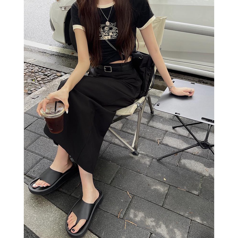 Chân Váy Chữ A Lưng Cao Màu Đen Thời Trang Mùa Hè Cho Nữ