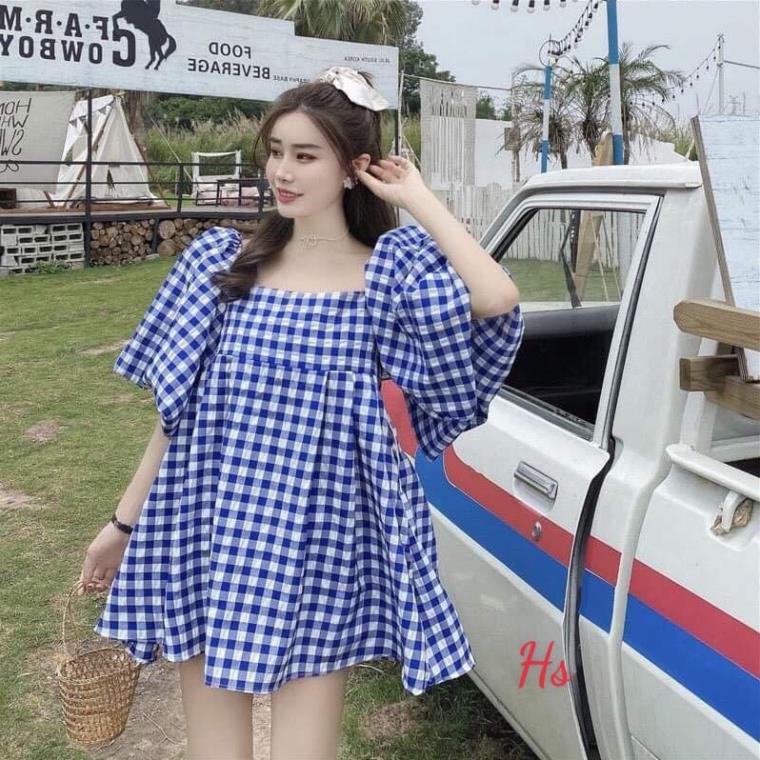 SIÊU PHẨM. 💃 Đầm Babydoll Nữ Kẻ Xanh Cổ Vuông. TRUNGHIEU . Váy Nữ Tay Bồng Dáng Xòe | BigBuy360 - bigbuy360.vn