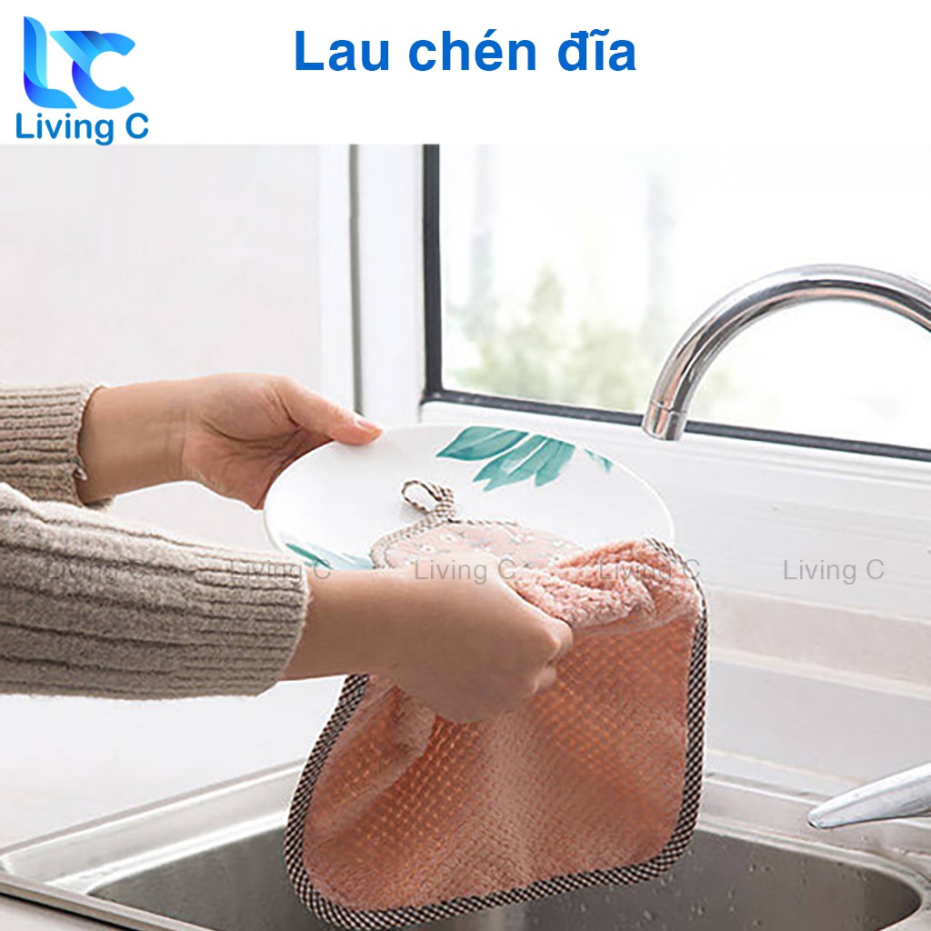 Khăn lau tay Living C, khăn lau tay nhà bếp đa năng siêu thấm lông mềm có móc treo (mẫu 2) _KLT.