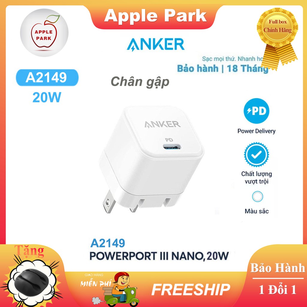 Củ Sạc Nhanh Anker A2632 A2149 iPhone PD 20W Chân gập,Cáp Sạc A8632 C to Lightning,Cho iPhone 13 Pro 12 Pro 11 XS X 8P