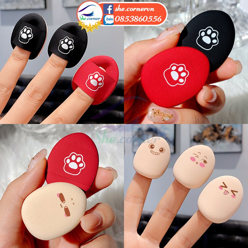 Set 2 bông dặm phấn F3290a Fingertip Cat Claw Air cushion mút dặm phấn mini hình dấu chân dễ thương 2 màu đỏ đen