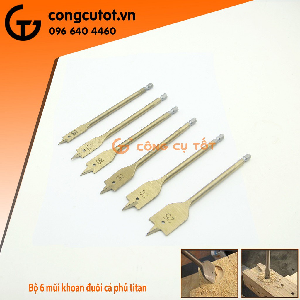 BỘ 6 MŨI KHOAN ĐUÔI CÁ PHỦ TITANIUM 10-25MM