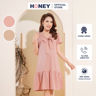Váy bầu thời trang thiết kế công sở, cổ phối nơ, họa tiết chấm bi, đuôi xòe - Thời trang đầm bầu cao cấp HONEY