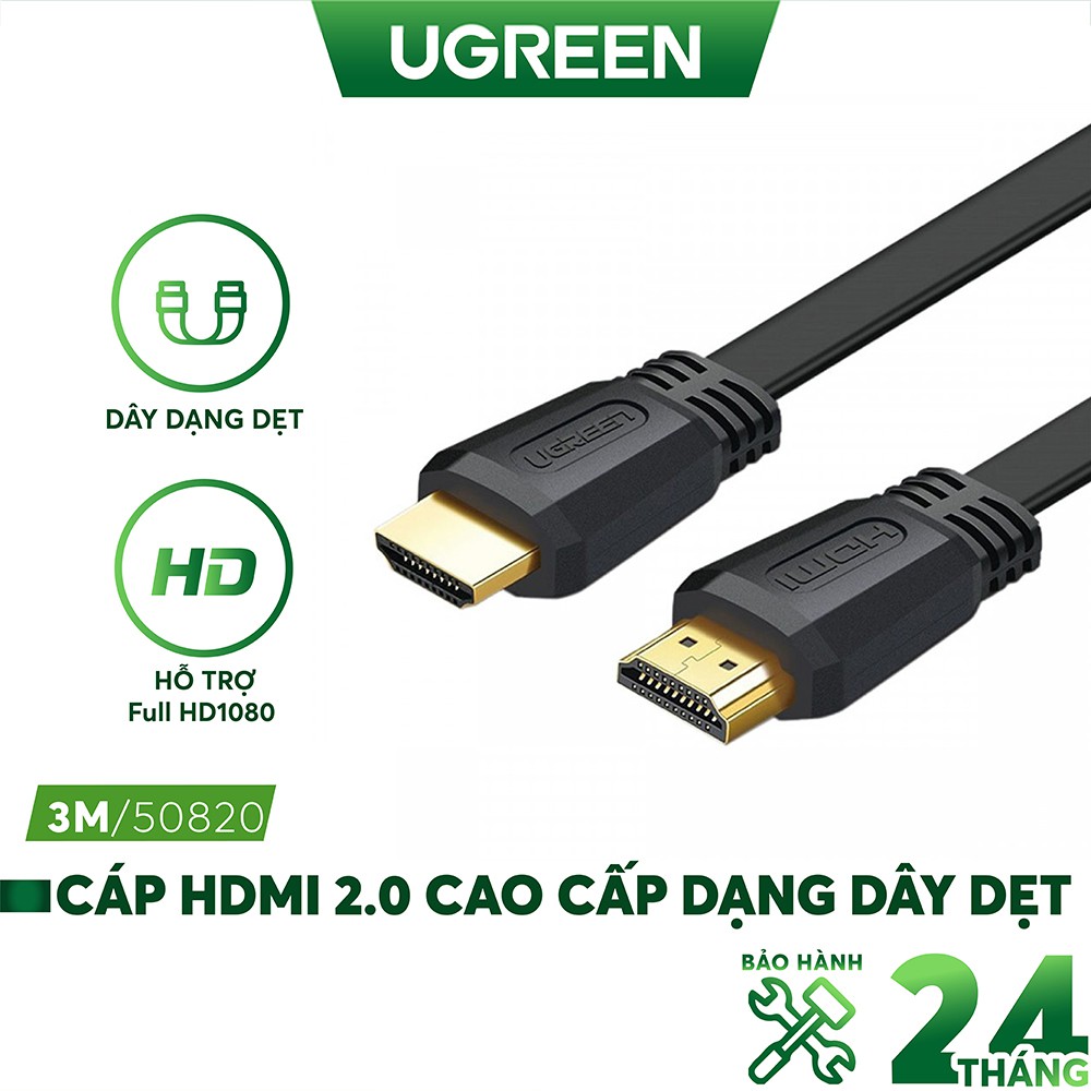 Cáp HDMI 2.0 hỗ trợ 4k×2k, 3D Full HD1080 dạng dây dẹt màu đen dài từ 1.5-5m UGREEN ED015 - Hàng phân phối chính hãng