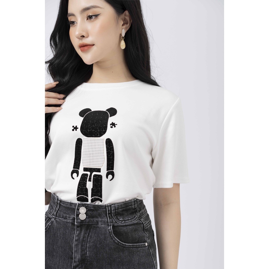 Áo phông nữ dáng suông cotton nữ rộng cổ tròn freesize họa tiết gấu lego FIONA C522007
