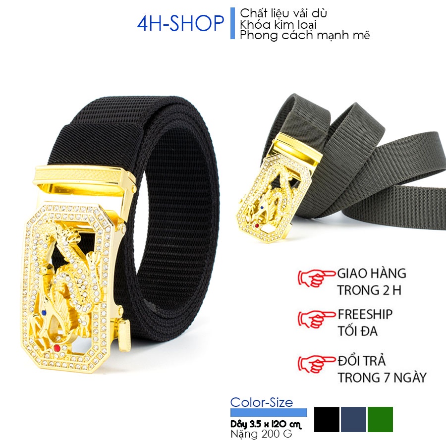 Thắt lưng nam vải dù , khóa kim loại mạ vàng hình rồng thần nhả châu chỉnh dây tự động 4 x 8 cm dây 3.5 x 120 cm.