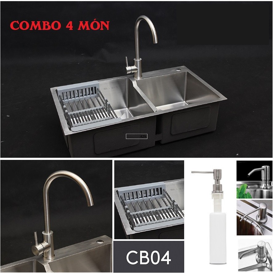 Combo Chậu Rửa Chén Bát Bồn rửa chén bát INOX SUS 304 Vòi Rửa Chén Nóng Lạnh và Bình Xà Bông và Xả Chậu và Rổ