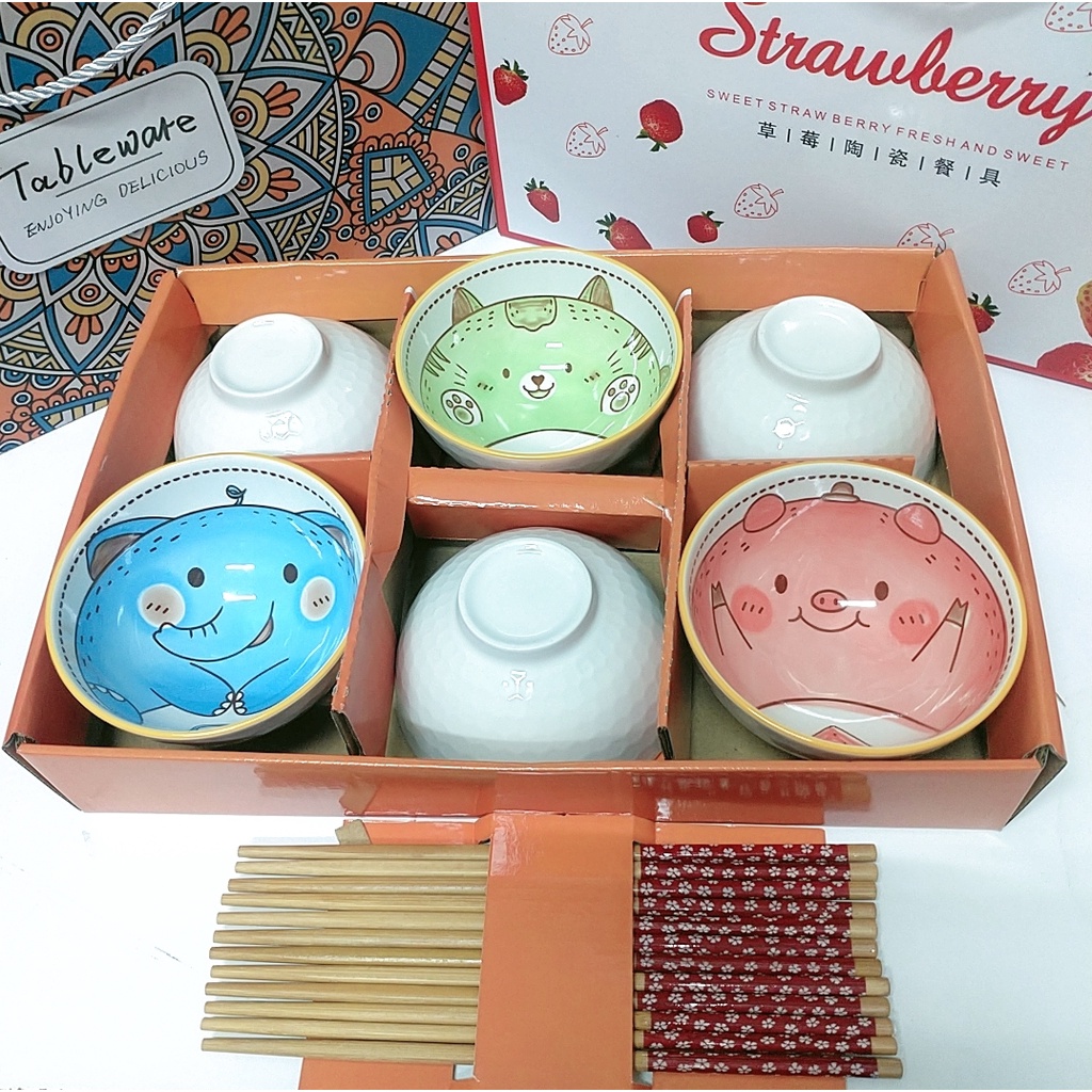 Bộ 6 Chén Sứ Họa Tiết Kèm 6 Đôi Đũa