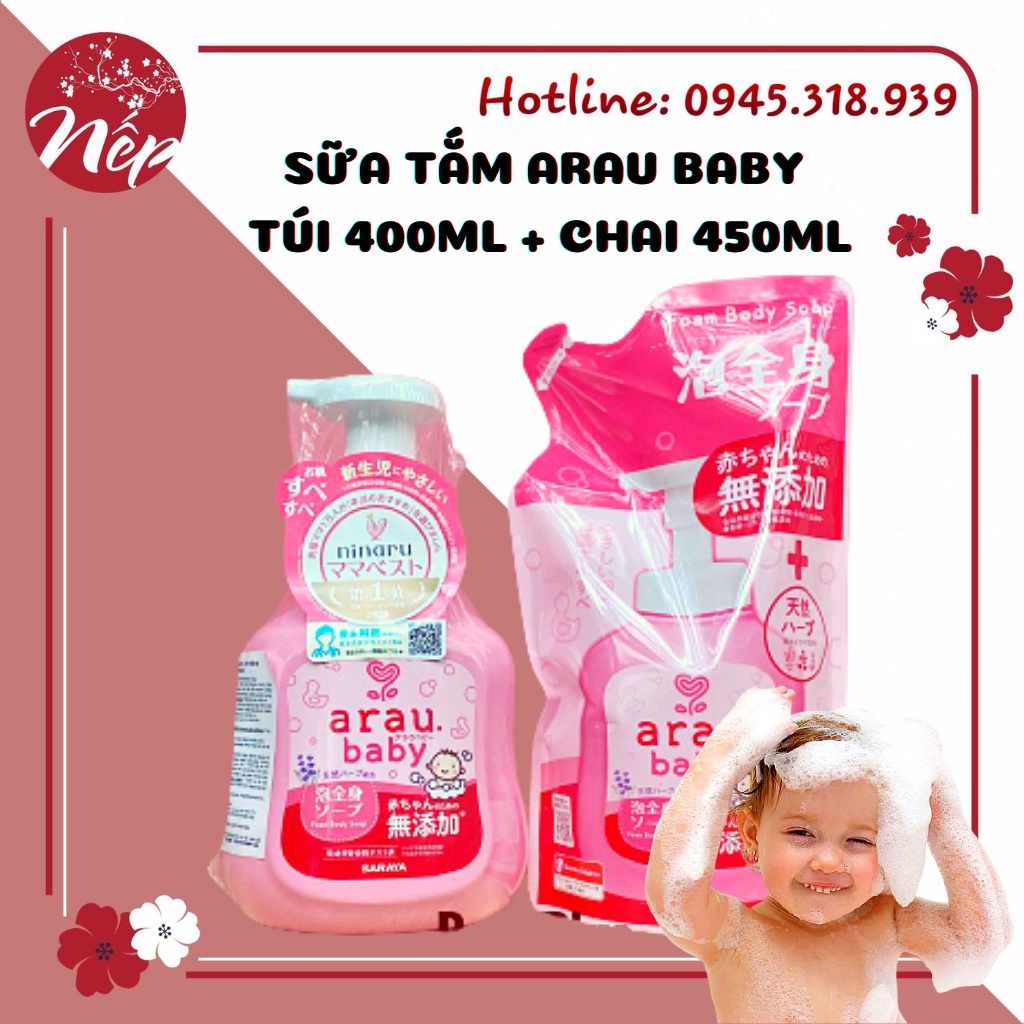 [Mã 154FMCGSALE giảm 8% đơn 500K] [MẪU MỚI] SỮA TẮM ARAU BABY DẠNG TÚI 400ML + CHAI 450ML