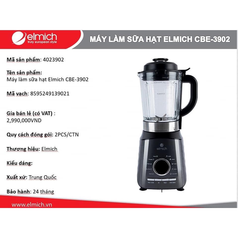 Máy Làm Sữa Hạt Cao Cấp ELMICH CBE-3902 (Dung Tích Cối Xay 2000ml - Công Suất 1800w) Hàng Chính Hãng