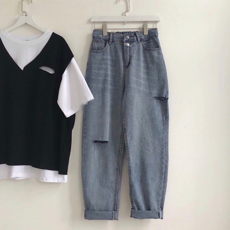 Quần Baggy Jean Hai Nút Unisex (Ảnh Thật) | BigBuy360 - bigbuy360.vn