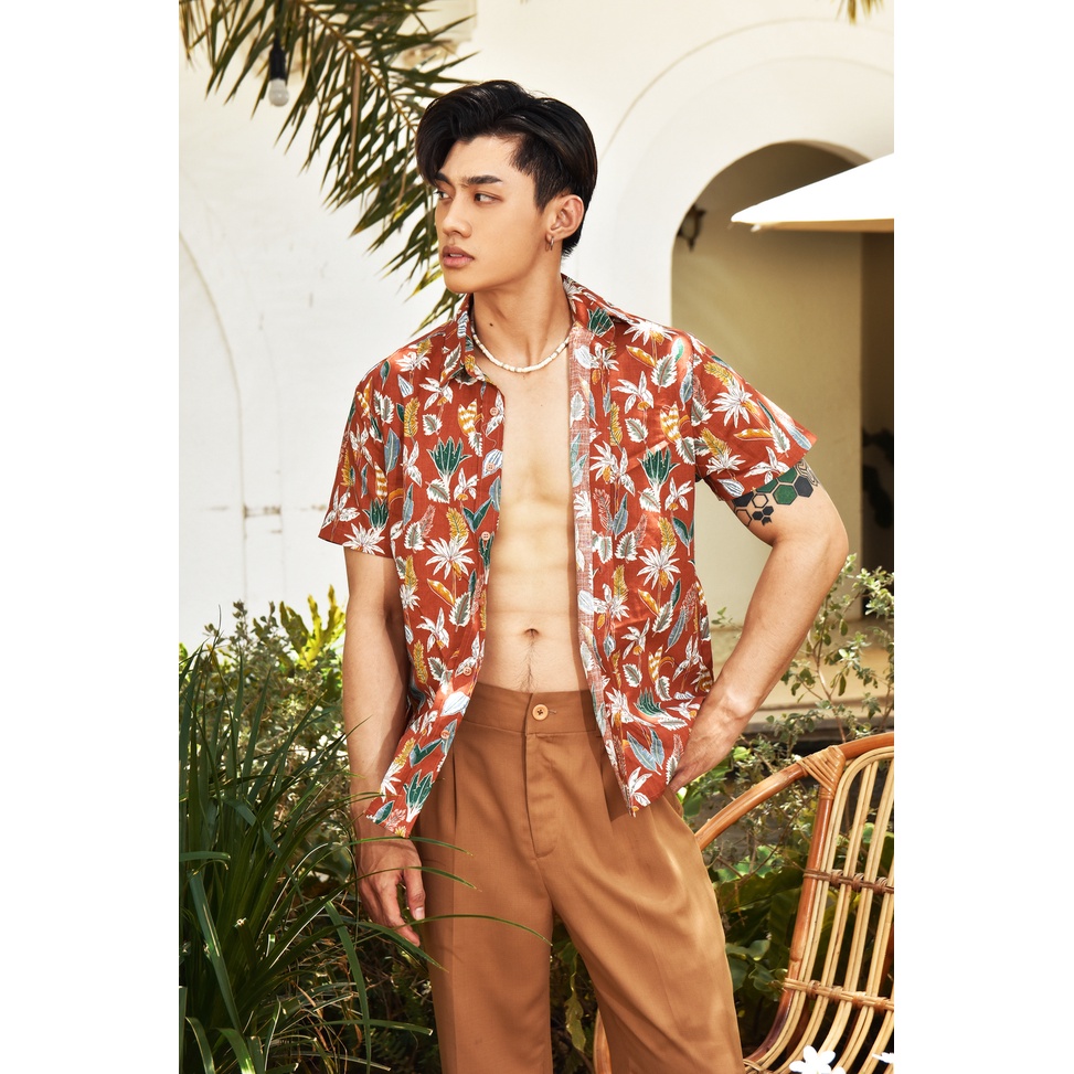 Áo sơ mi tay ngắn họa tiết hoa cam đi biển thời trang thương hiệu REO Concept
