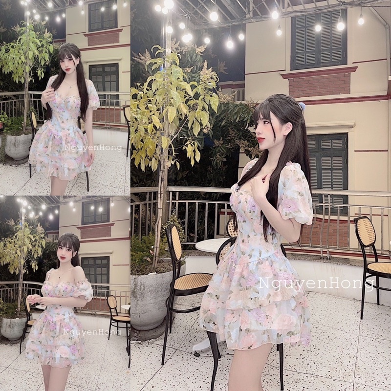 Váy hoa cup ngực tay bồng