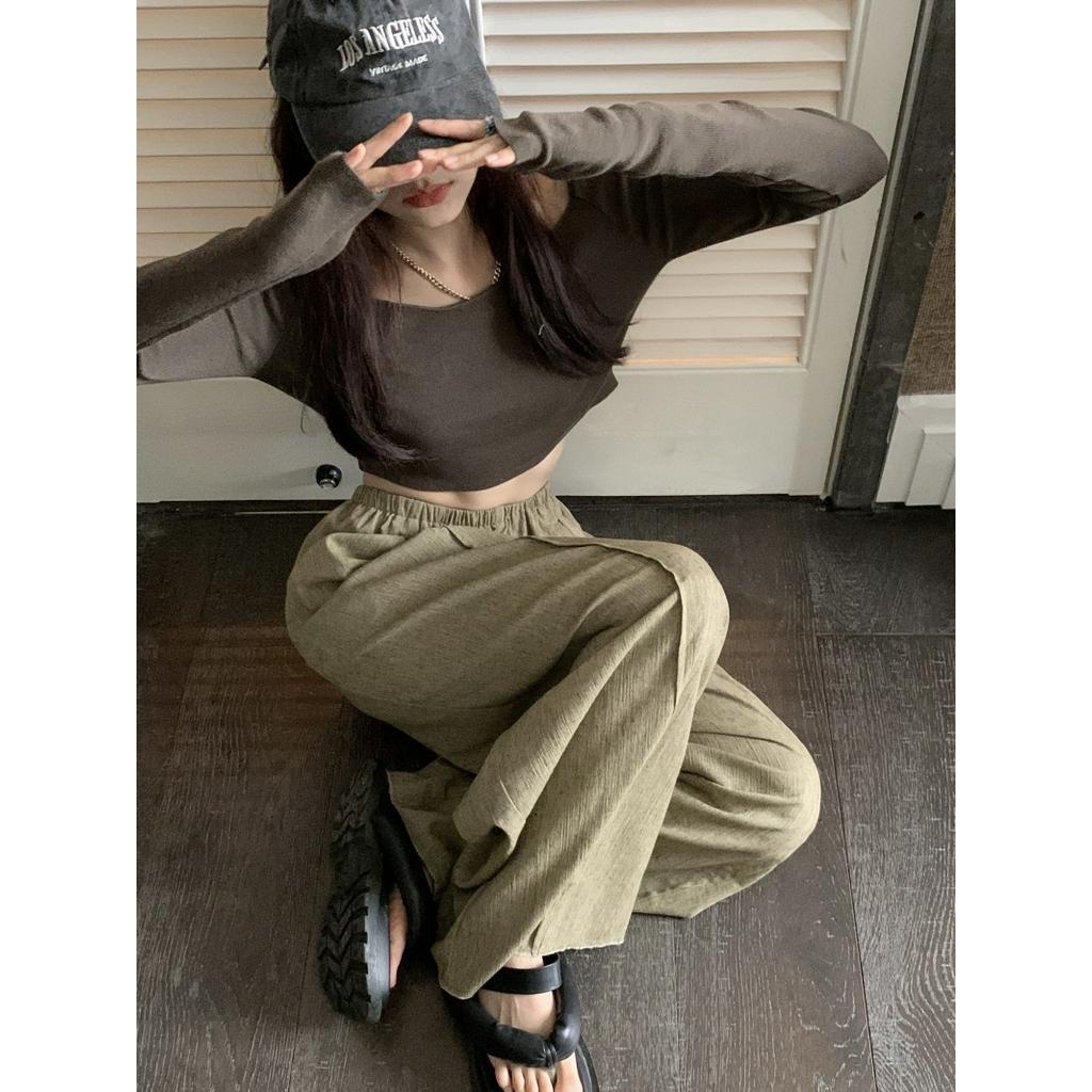 Áo Thun Tay Dài Lệch Vai Dáng Ôm / Eo Thun Vải Lanh Ống Rộng Thời Trang 54065