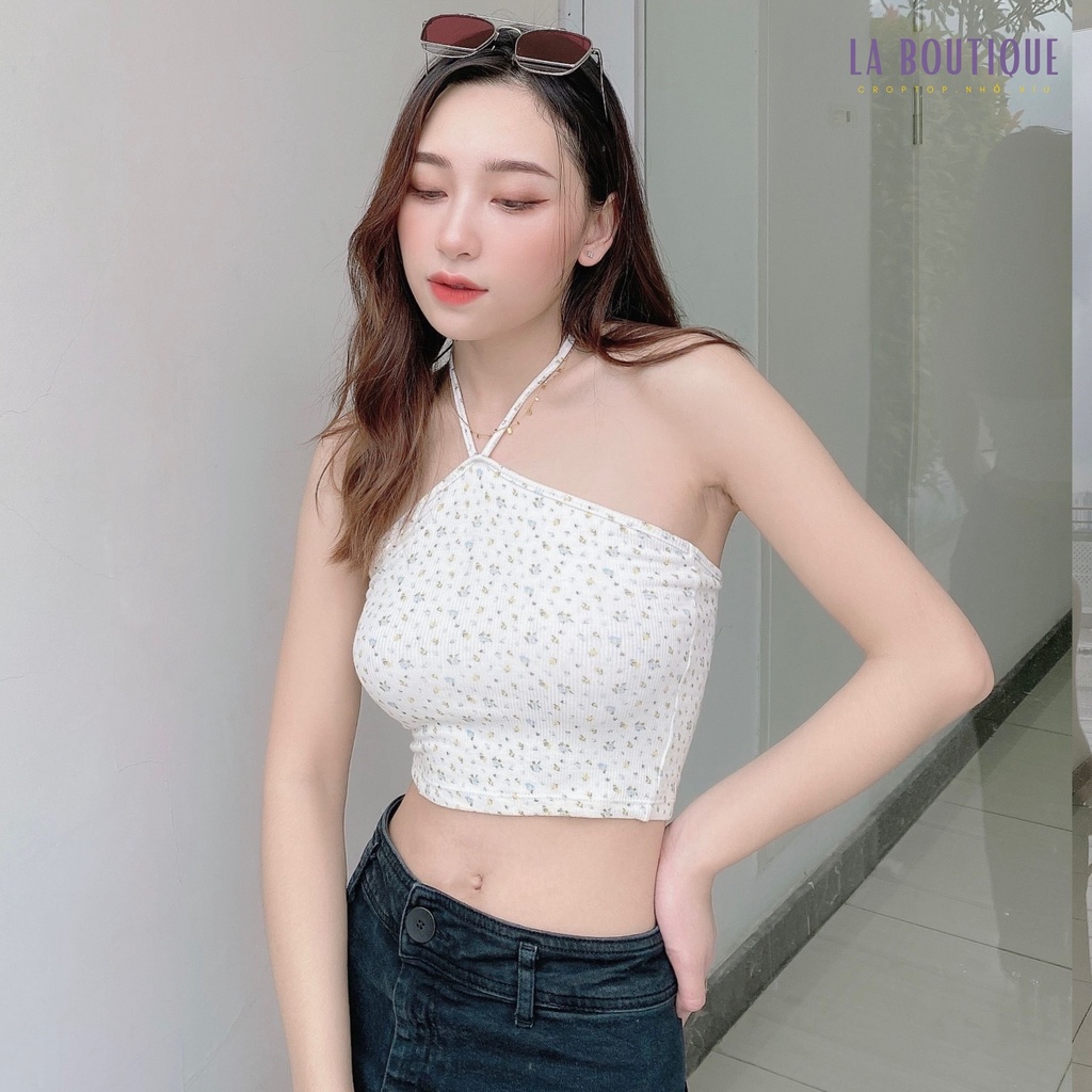 Áo Croptop Nữ Cổ Yếm Cột Dây Hoa Nhí FreesizeThun Gân LA BOUTIQUE