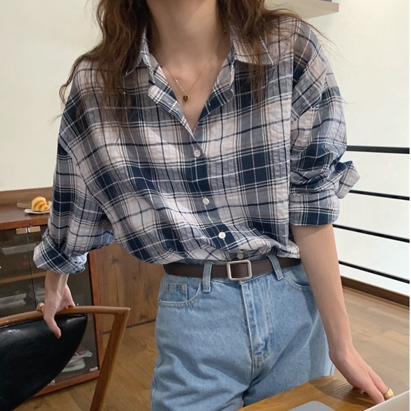 45986  Áo sơ mi cổ polo tay dài kẻ sọc ca rô cá tính