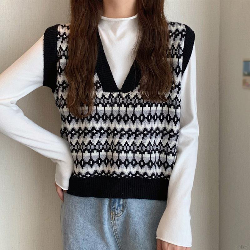 Áo len không tay cổ chữ v họa tiết sọc caro phong cách retro hàn quốc | BigBuy360 - bigbuy360.vn