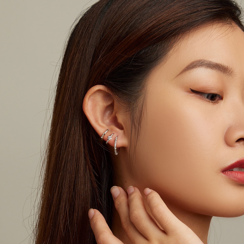 BAMOER Bông Tai bạc 925 HìNh Ngôi Sao / TráI Tim ĐíNh Đá Zircon ThờI Trang