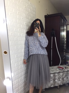 Set áo len + chân váy nhung lưới