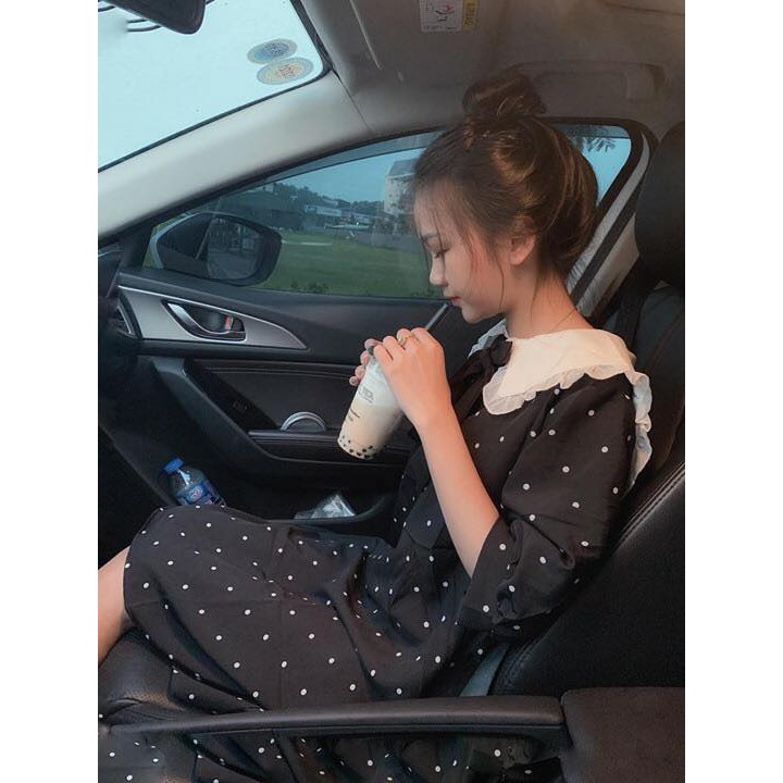 Đầm Nữ Suông Chấm Bi Cổ Bèo Trắng