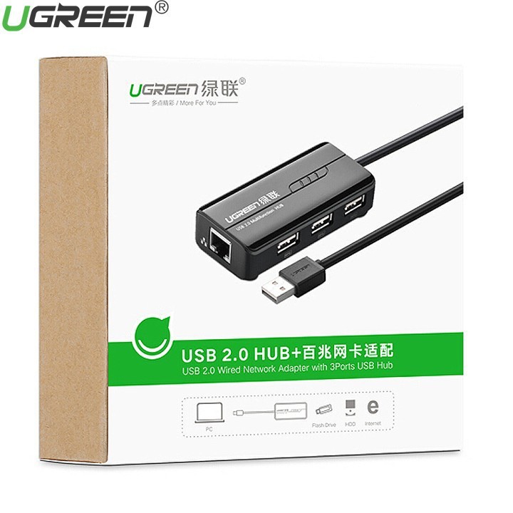 Cáp chuyển USB 2.0 sang LAN+3 cổng USB Cao Cấp Ugreen 20264 RC103 Chính Hãng màu đen