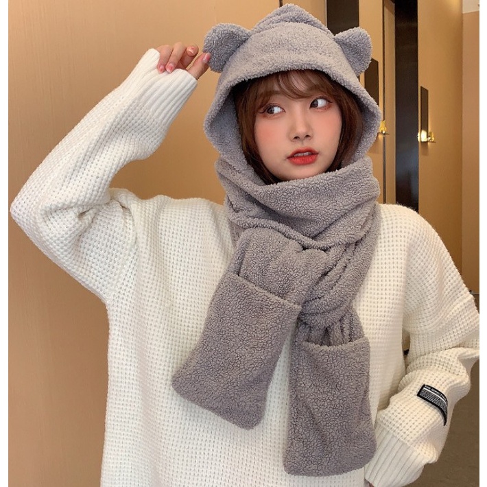 Mũ gấu len nữ kèm khăn quàng cổ 3 trong 1 T.A Beauty , nón lông cừu tai gấu kèm găng tay mùa đông cute