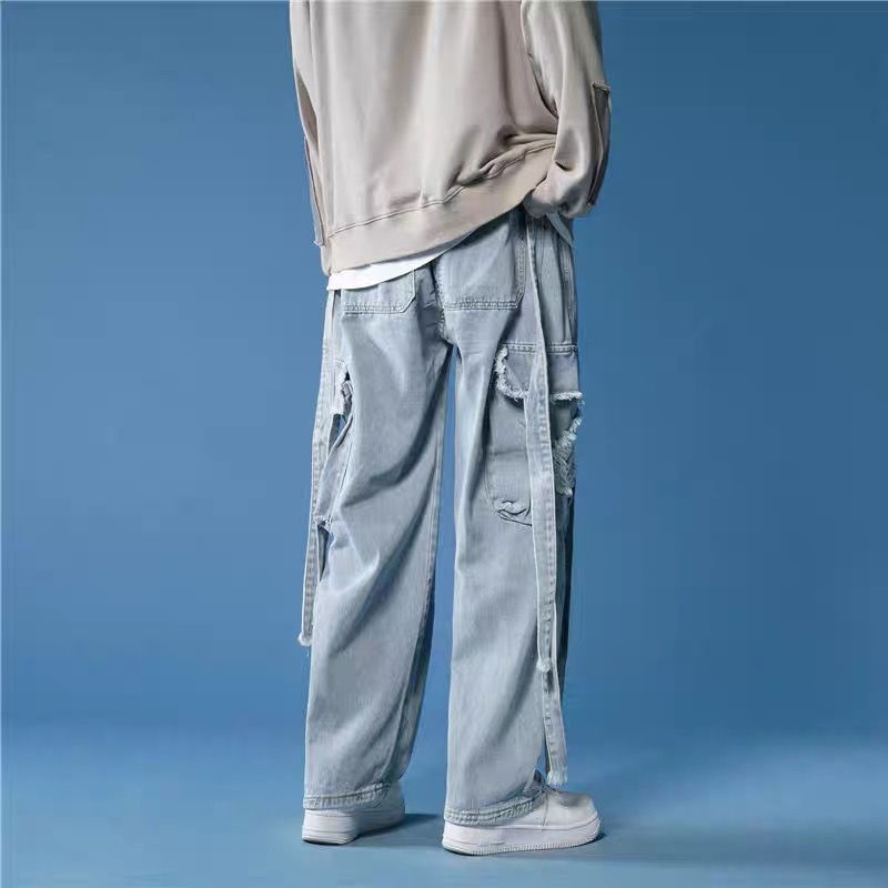 Quần Jean Dài Dáng Rộng Phối Dây Ruy Băng Cá Tính Phong Cách Hip-Hop Đường Phố Cho Nam