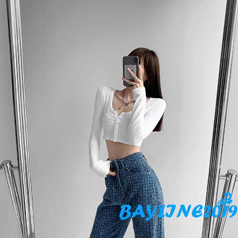 Áo croptop tay dài cổ chữ v màu sắc thời trang cho nữ