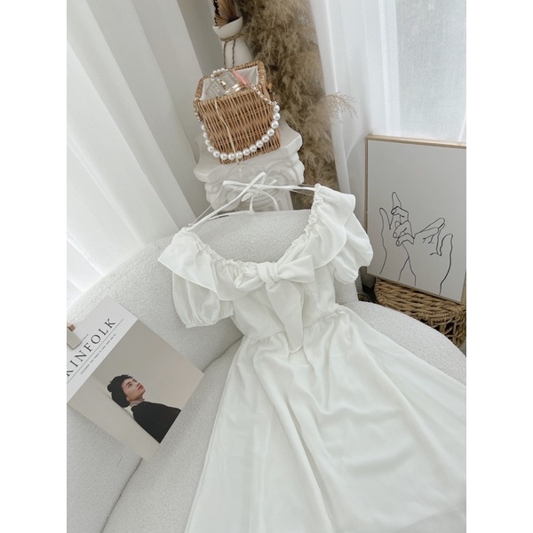 ĐẦM CỔ BÈO NƠ CHÉO DÂY NGỰC MIDI