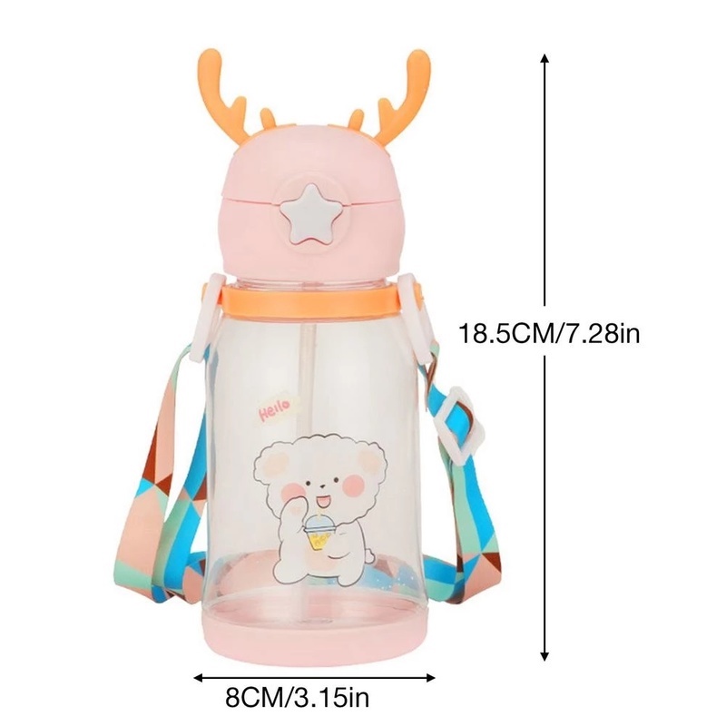 Bình Nước 600ML Cỡ Lớn Có Ống Hút Và Dây Đeo Họa Tiết Hoạt Hình Chống Trượt Cho Trẻ Em