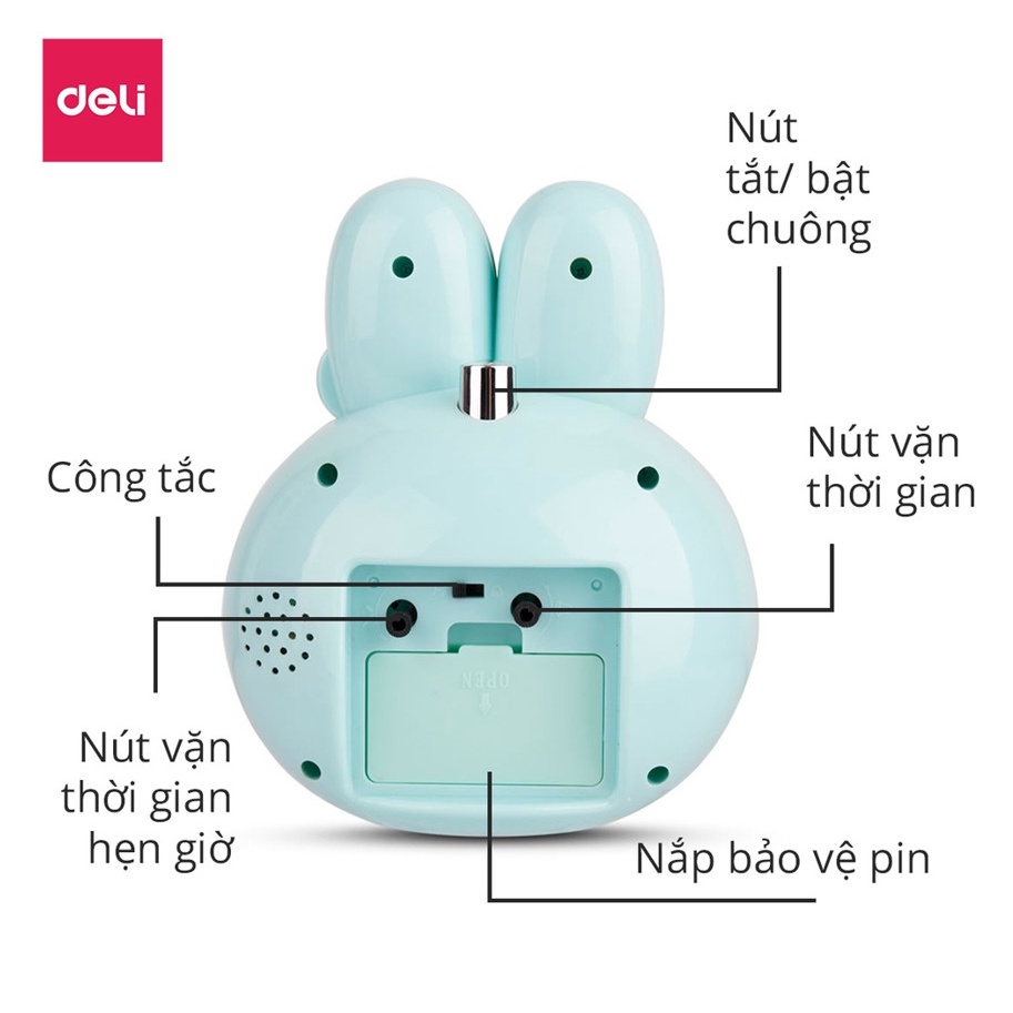 Đồng hồ báo thức để bàn hình con thỏ dễ thương Deli - tích hợp đèn ngủ, phong cách Hàn Quốc 8803 - vpp Diệp Lạc (sỉ/lẻ)