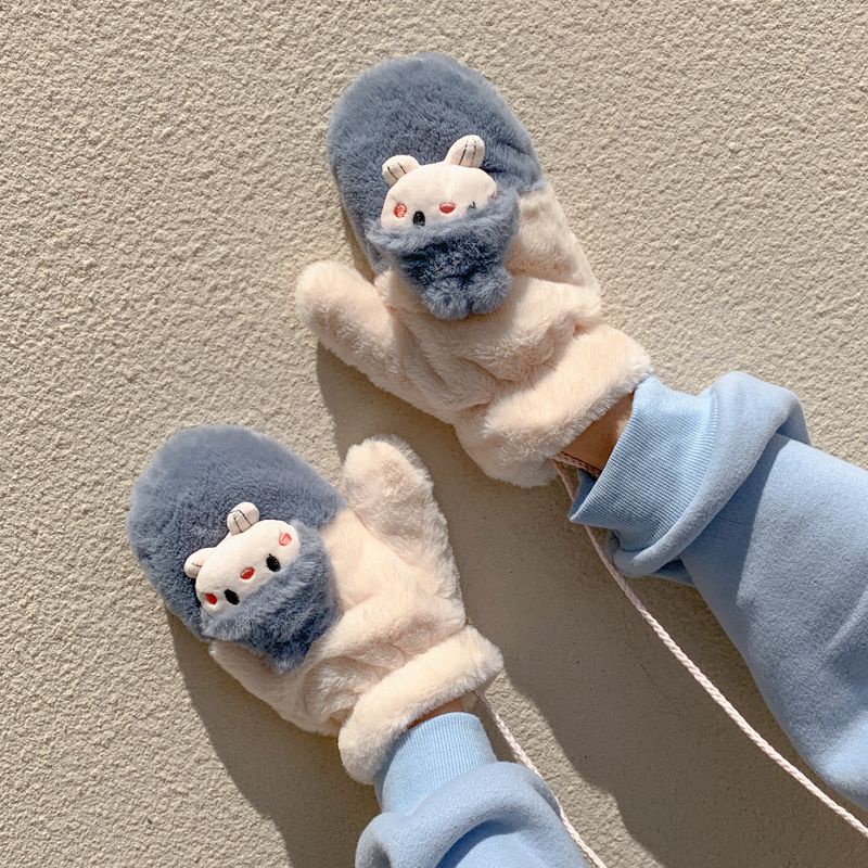 Găng Tay Lông Xù Dày Dặn Ấm Áp Họa Tiết Hoạt Hình Dễ Thương Phong Cách Hàn Quốc Cho Nữ