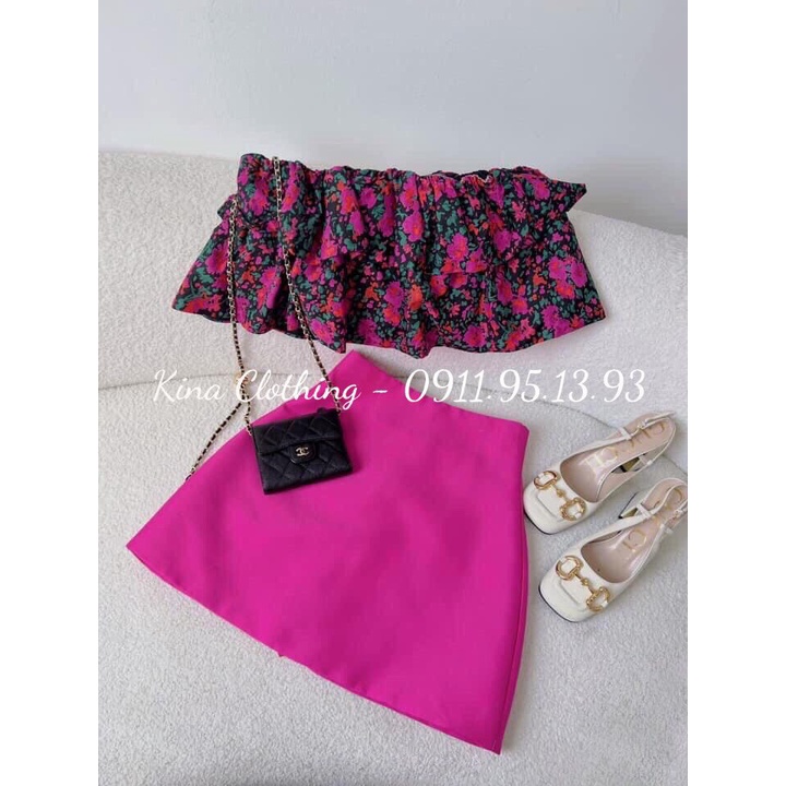 Set chân váy chữ A và áo trễ vai họa tiết hoa nhí nữ B09